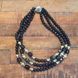 3 Strand Black Bead & Silver Necklace